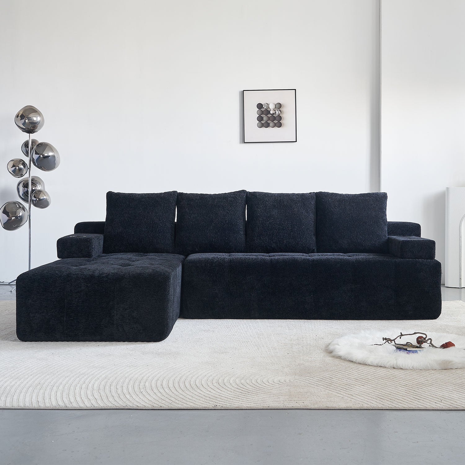Modern Style L-Shaped Sectional Sofa with Side Pockets,wireless charging device, two USB charging ports, one cup holder, Bluetooth speaker,Reversible Lounge Chaise, Chenille Material,Black Color