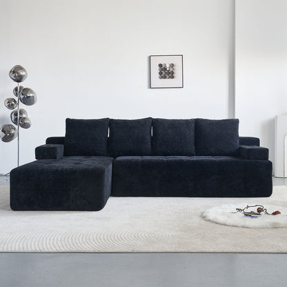 Modern Style L-Shaped Sectional Sofa with Side Pockets,wireless charging device, two USB charging ports, one cup holder, Bluetooth speaker,Reversible Lounge Chaise, Chenille Material,Black Color