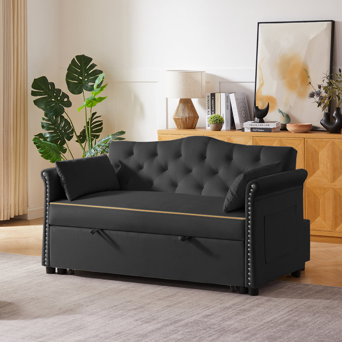 Black Velvet Sofa Bed - Converts to Bed for Living Room