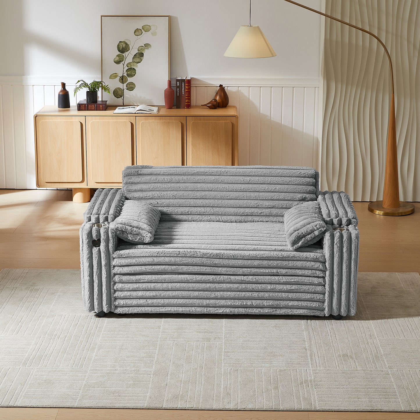 Light Grey Sofa Bed with Pull Out Bed - Storage & USB for Living Room