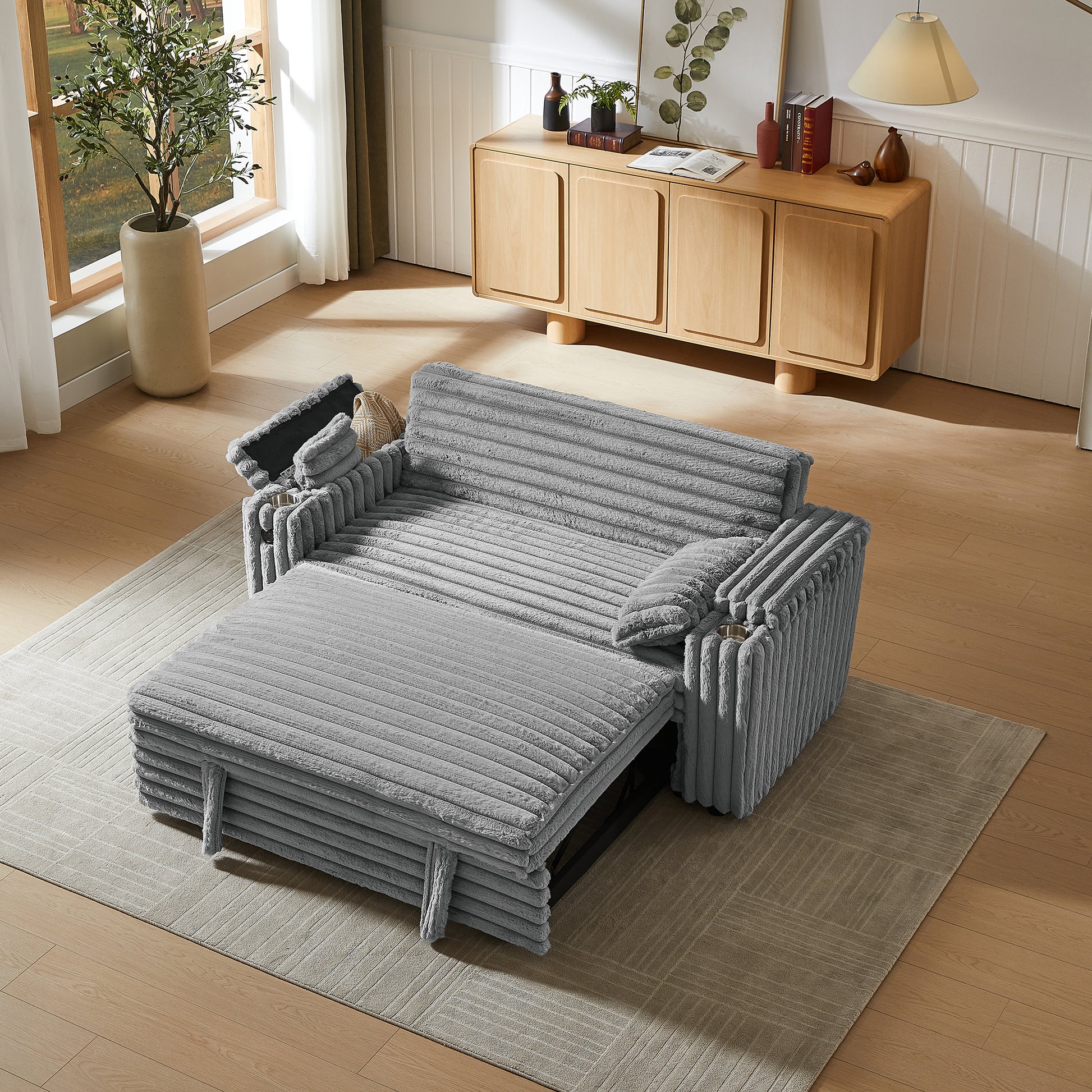 Light Grey Sofa Bed with Pull Out Bed - Storage & USB for Living Room