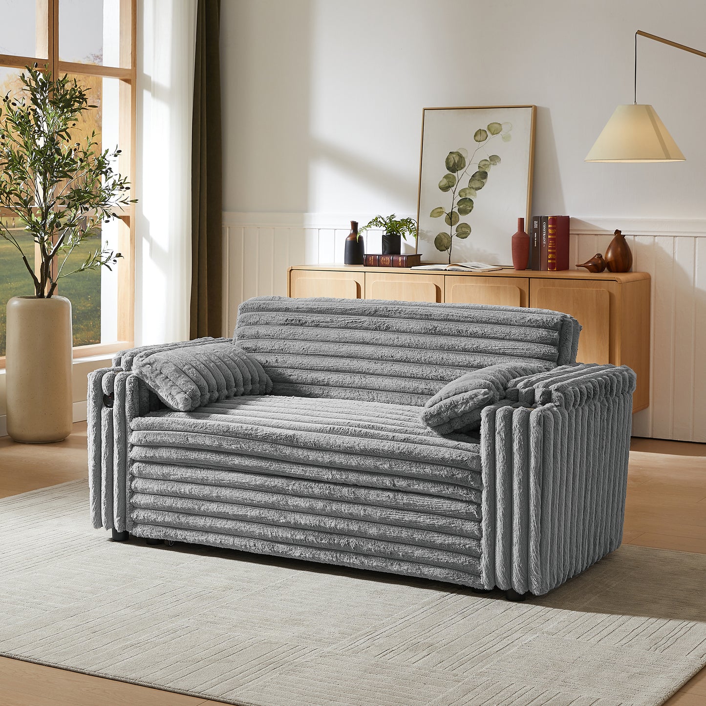 Light Grey Sofa Bed with Pull Out Bed - Storage & USB for Living Room