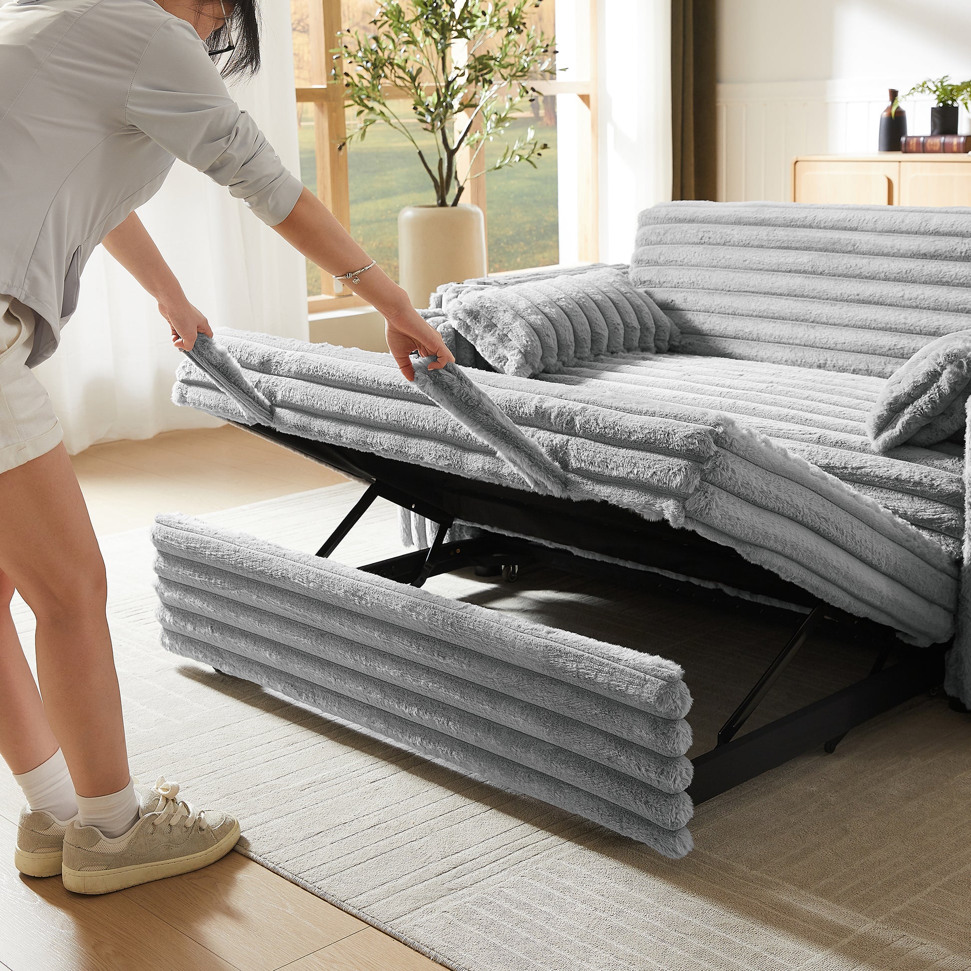 Light Grey Sofa Bed with Pull Out Bed - Storage & USB for Living Room