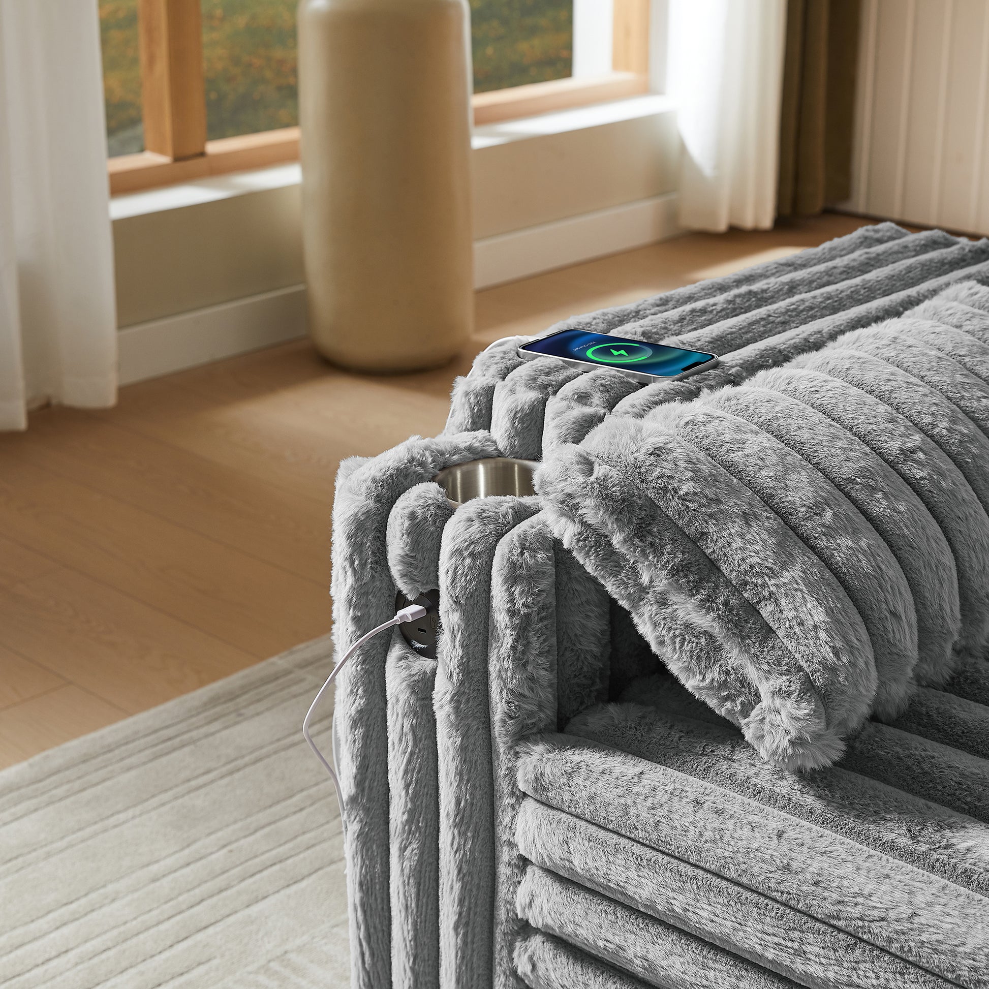 Light Grey Sofa Bed with Pull Out Bed - Storage & USB for Living Room