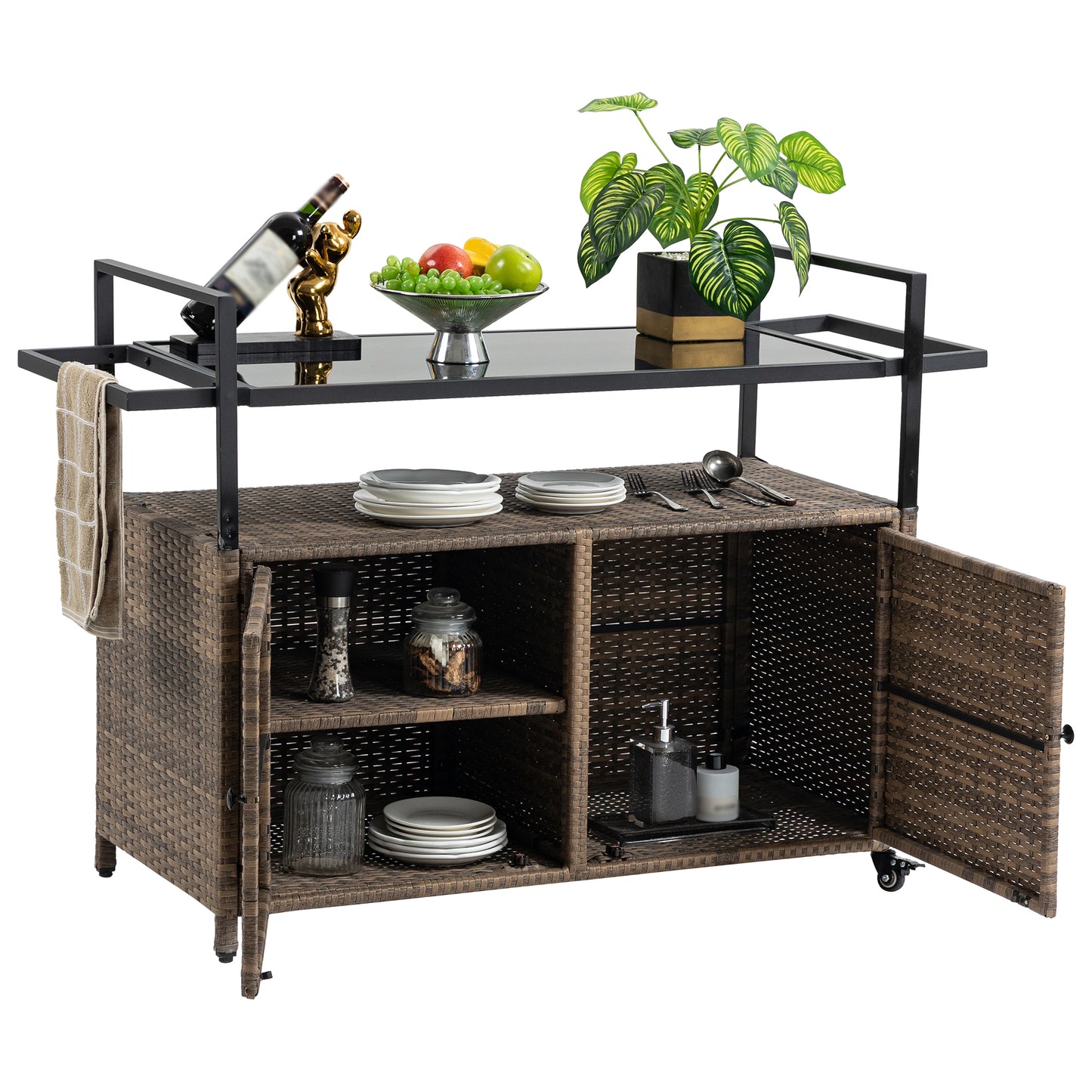 Outdoor Wicker Bar Cart, Patio Wine Serving Cart w/Wheels , Rolling Rattan Beverage Bar Counter Table w/Glass Top for Porch Backyard Garden Poolside Party, Light brown