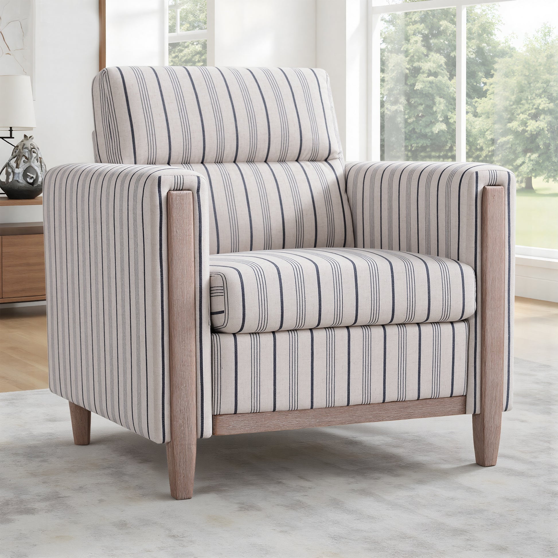 Blue and White Striped Polyester Sofa - 1 Seater Living Room Chair