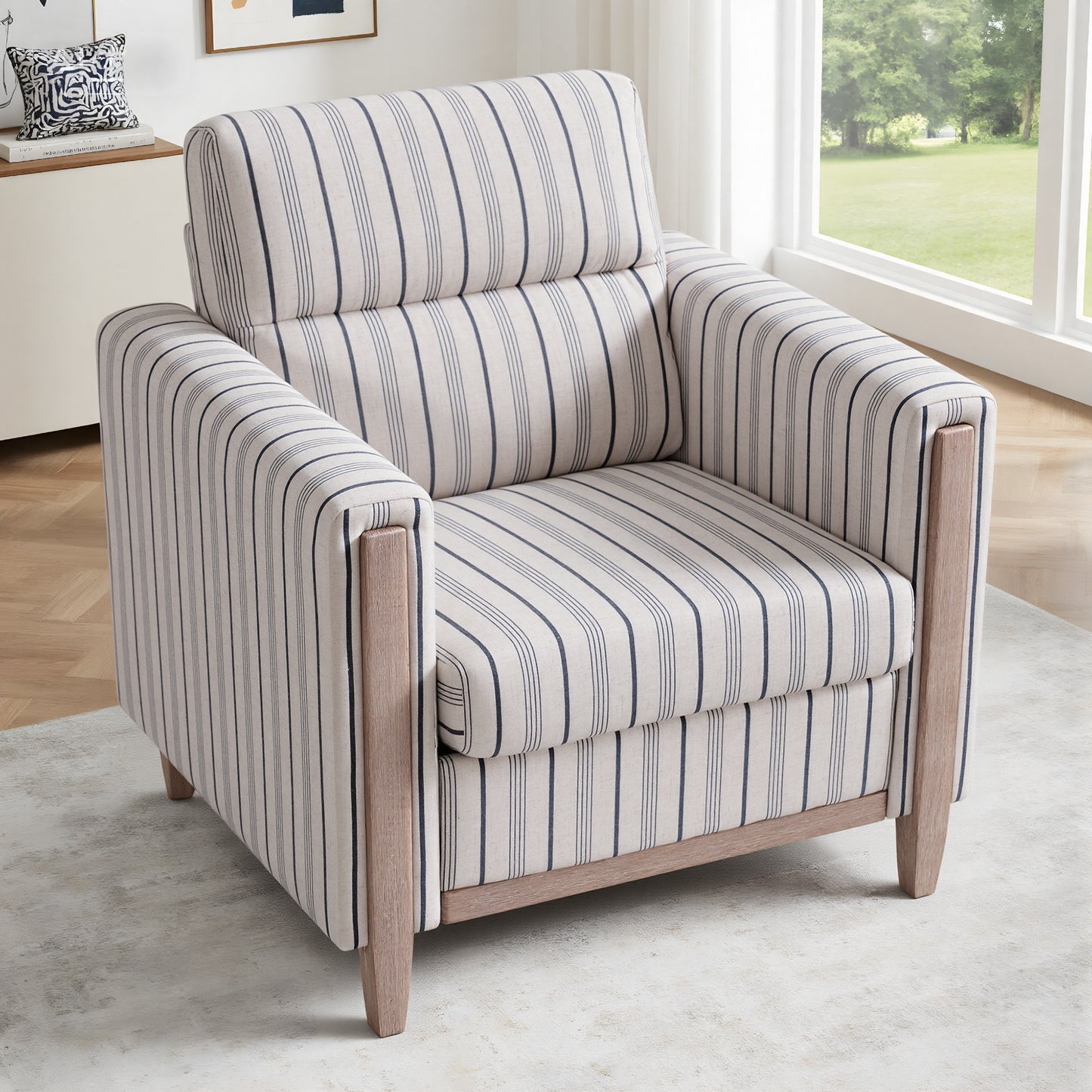 Blue and White Striped Polyester Sofa - 1 Seater Living Room Chair