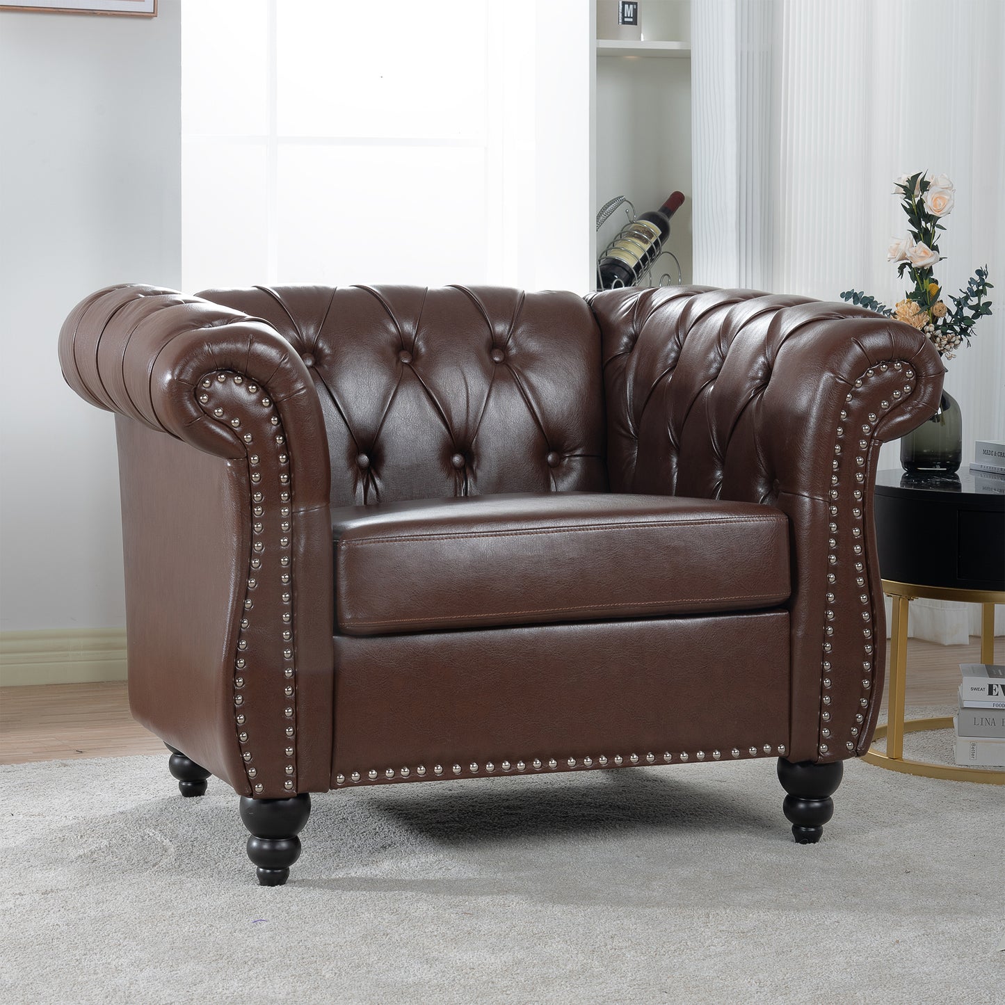 Dark Brown PU Leather 1 Seater Sofa - Living Room Accent