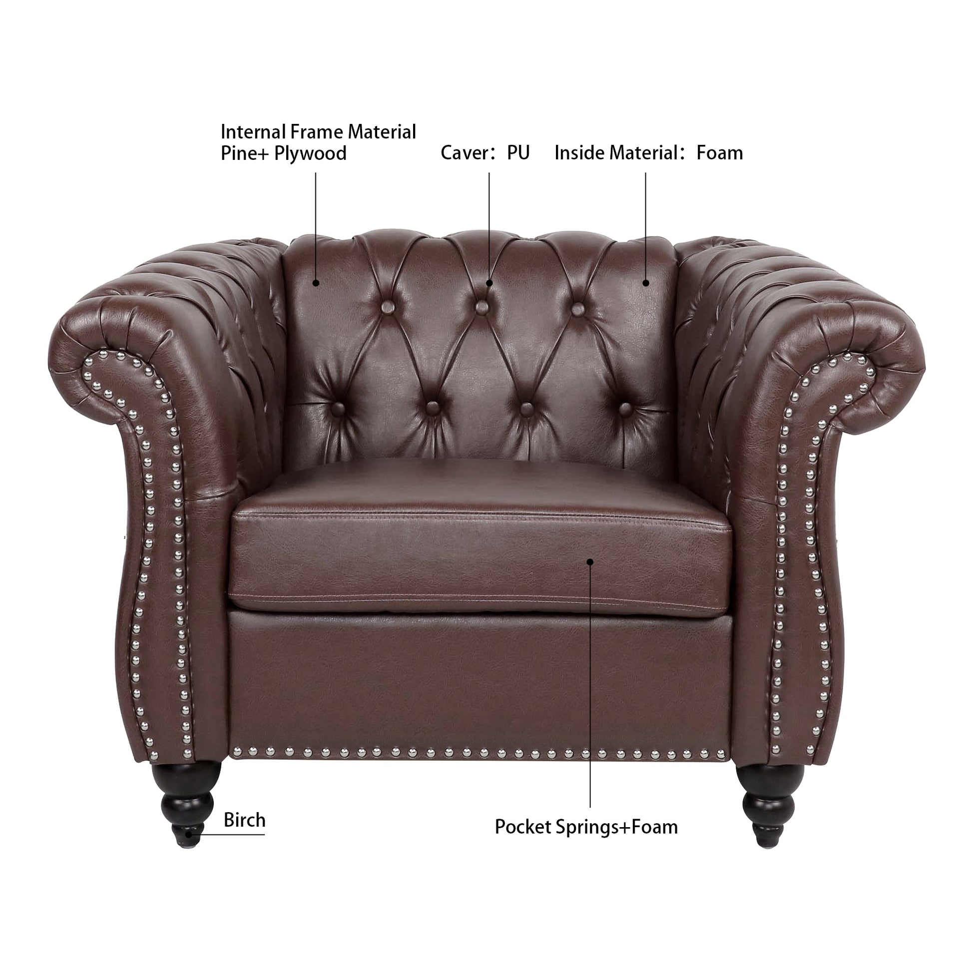 Dark Brown PU Leather 1 Seater Sofa - Living Room Accent
