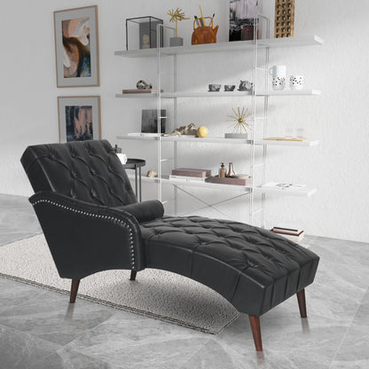 Chaise Lounge Arm Chair Indoor with Pillow and Solid Wood Legs, Leisure Accent Soft Chair with Tufted Back and Arm,Upholstered Chaise Couch Chair for Living Room, Bedroom,Black PU