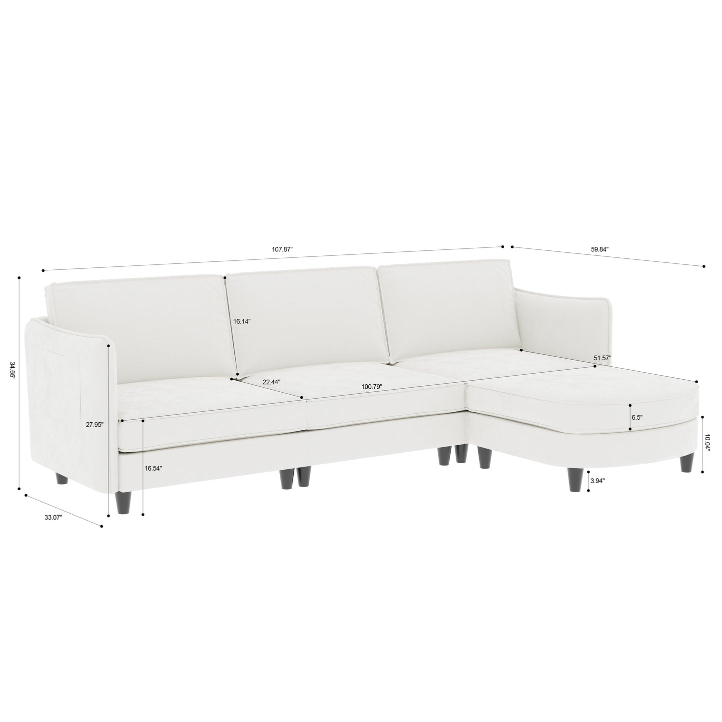 107.8" Beige Fabric 3-Seater Sofa with Ottoman for Living Room