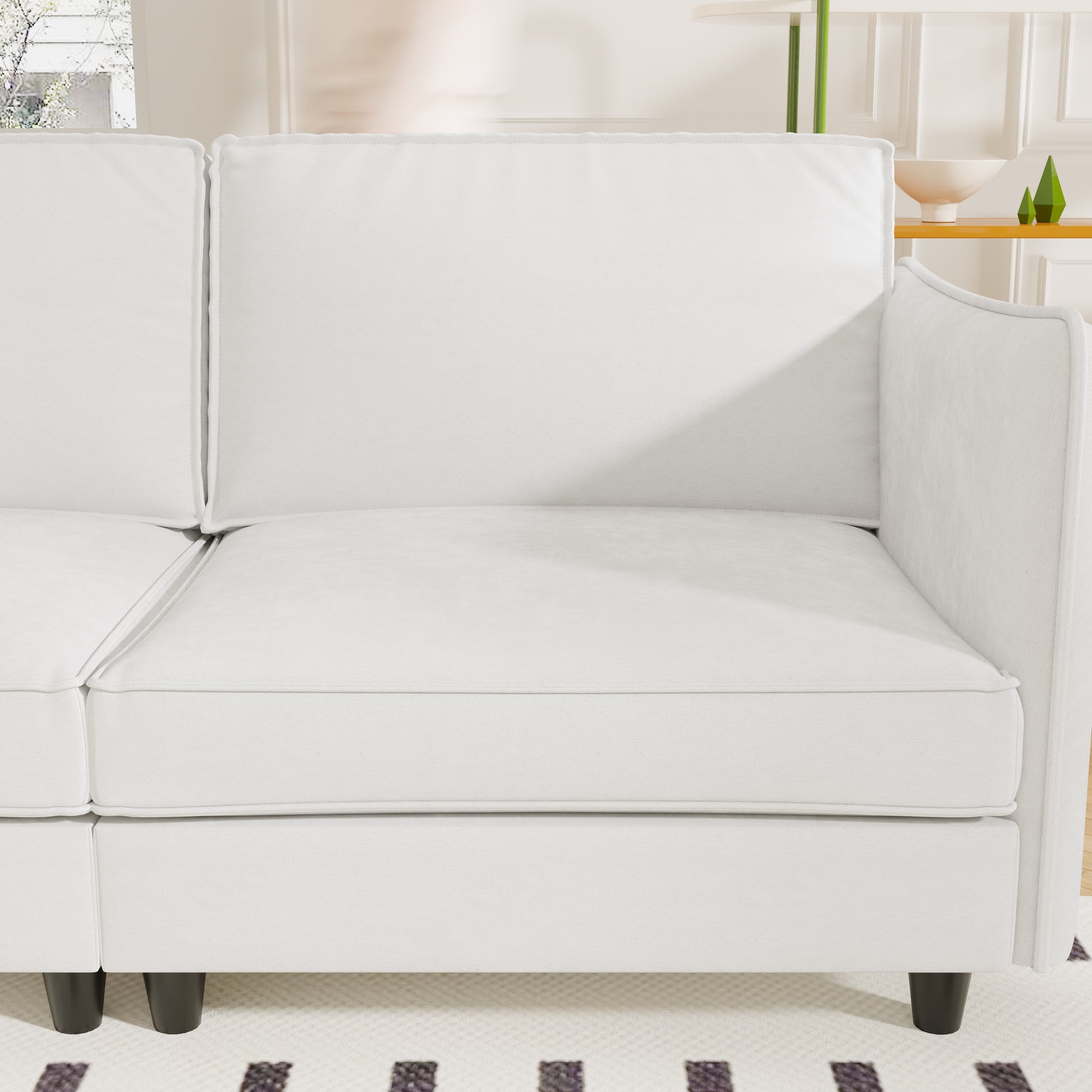 107.8" Beige Fabric 3-Seater Sofa with Ottoman for Living Room