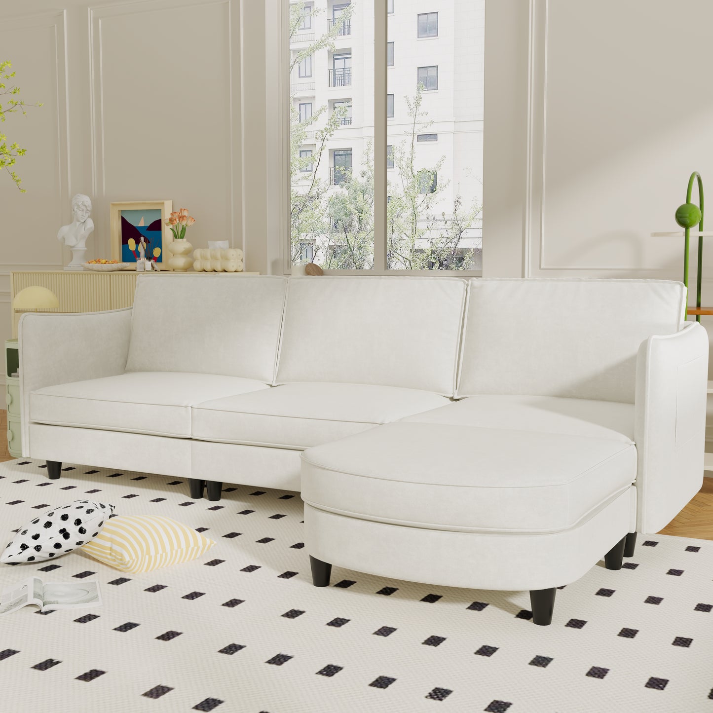 107.8" Beige Fabric 3-Seater Sofa with Ottoman for Living Room