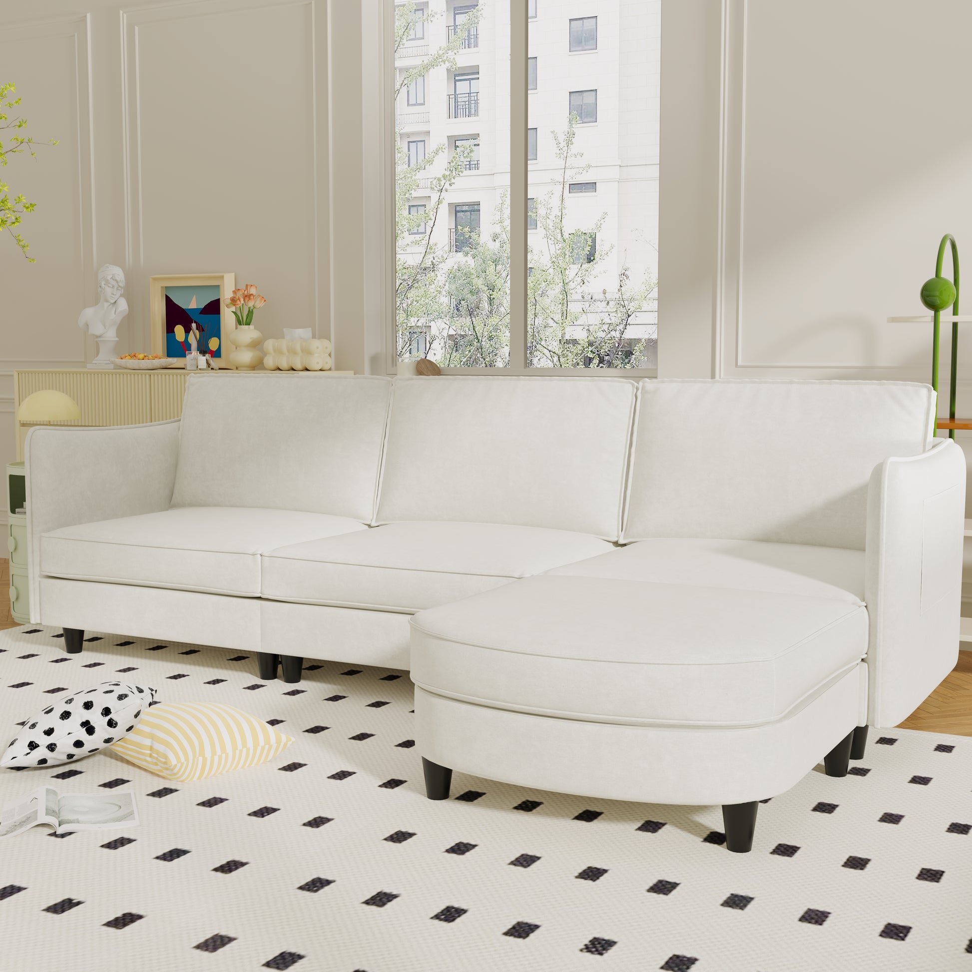 107.8" Beige Fabric 3-Seater Sofa with Ottoman for Living Room