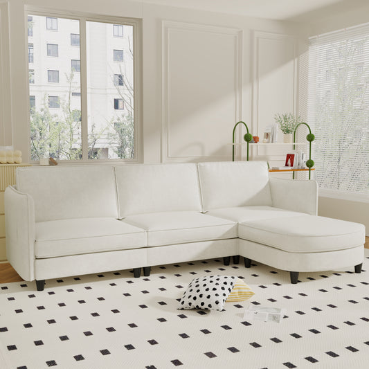 107.8'' Large Size 3 Seater Sofa Couch, L-Shaped Sofas with Movable Ottoman, Arm with Pockets,Modern Fabric Couches for Living Room, Apartment, Office