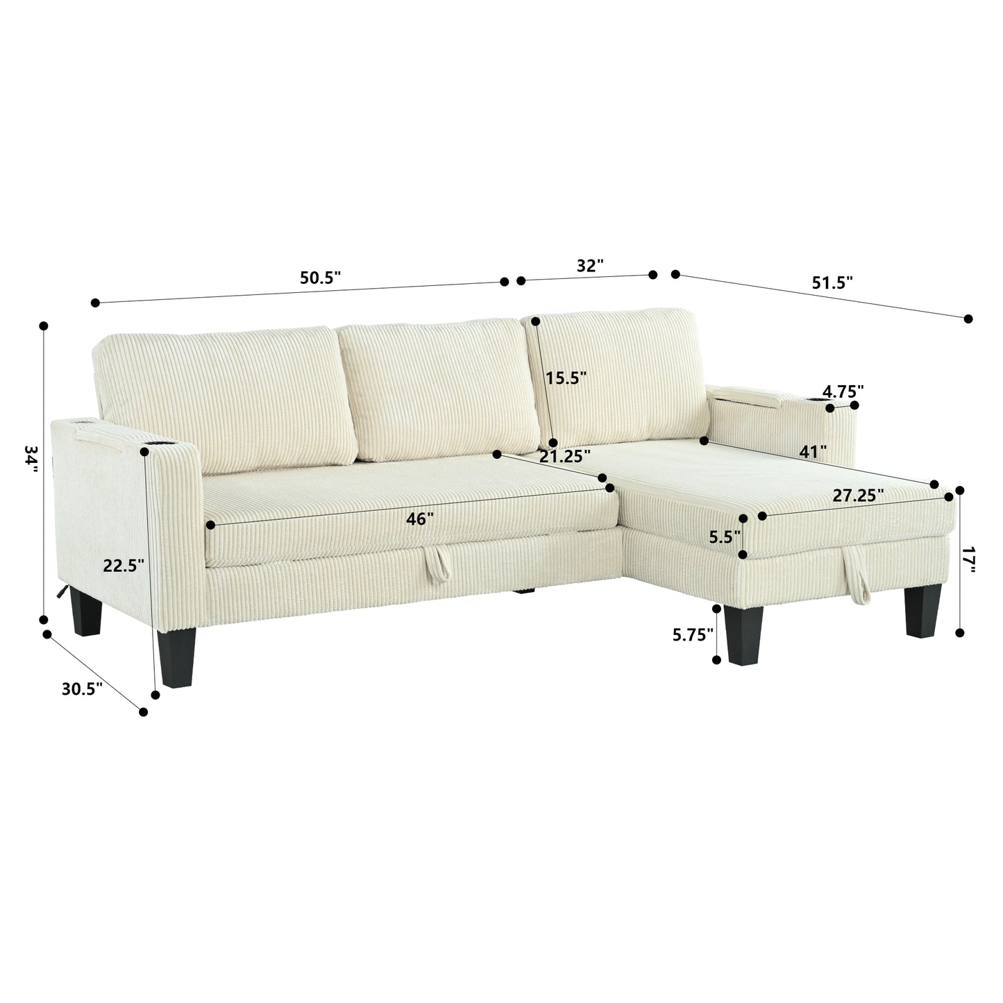 Corduroy Sectional Sofa with Storage - 3 Seat Sleeper