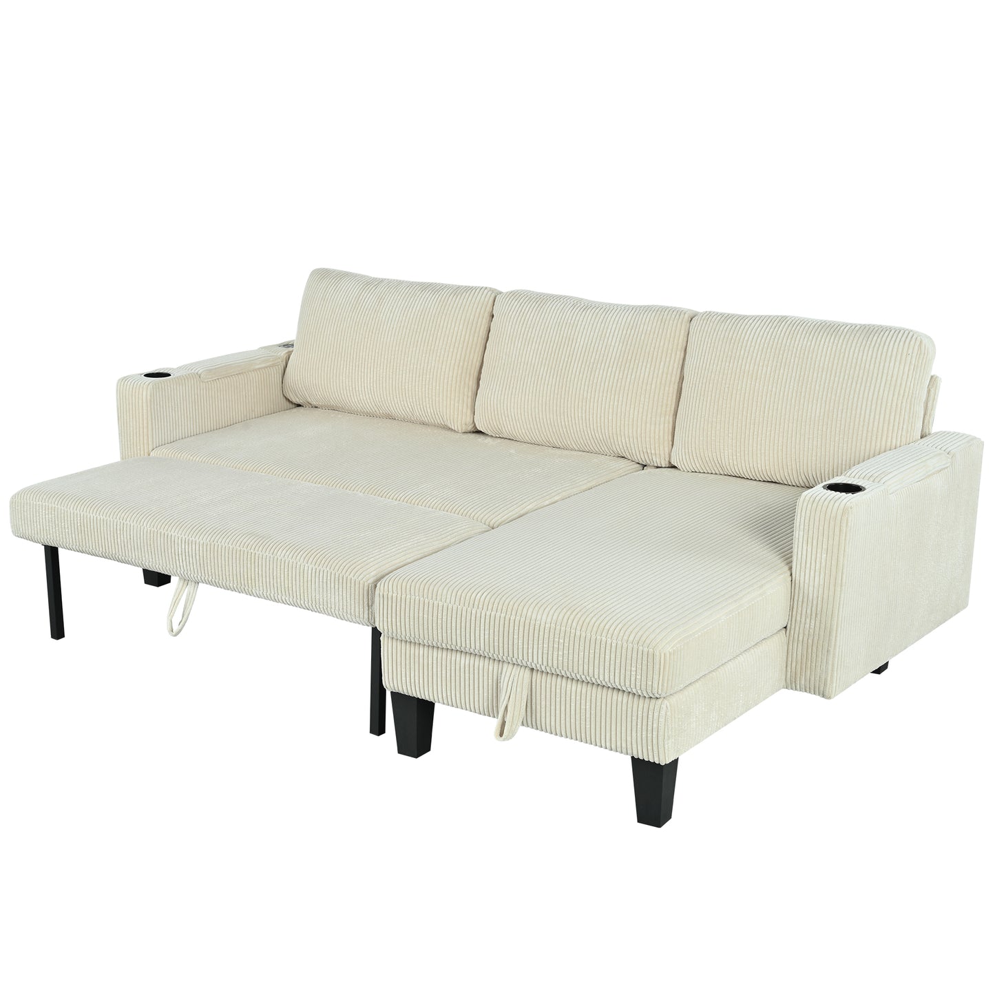 Corduroy Sectional Sofa with Storage - 3 Seat Sleeper