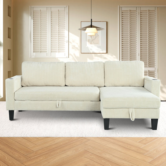 Reversible Sectional Sofa with Storage Chaise, Arm With Cup Holder,Storage and USB Ports , Modern Corduroy fabric Sleeper Sofa L-Shaped Couch for Living Room, Bedroom, Apartment,Office