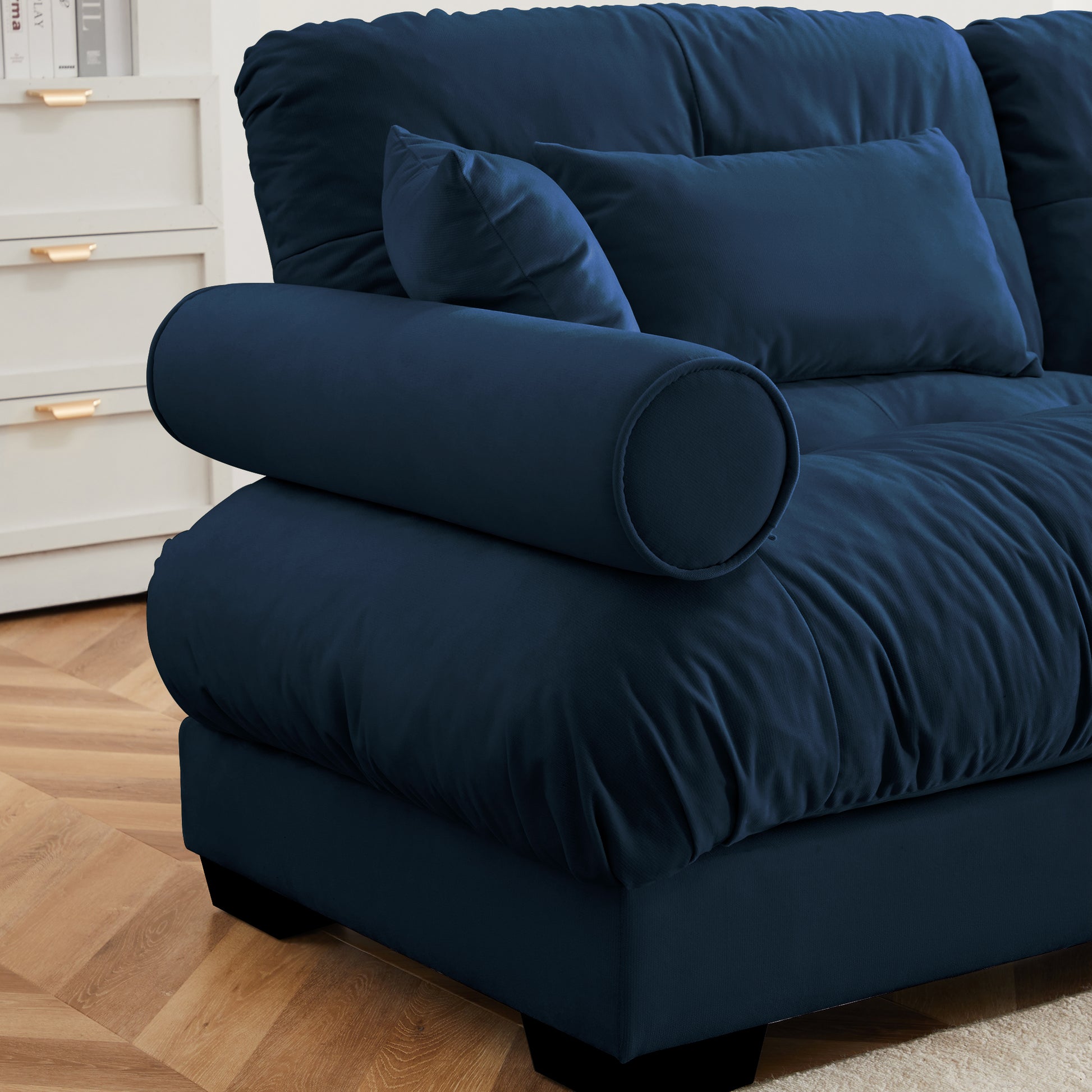 Blue Velvet Milano Ottoman - 36" Round Storage Footstool for Living Room