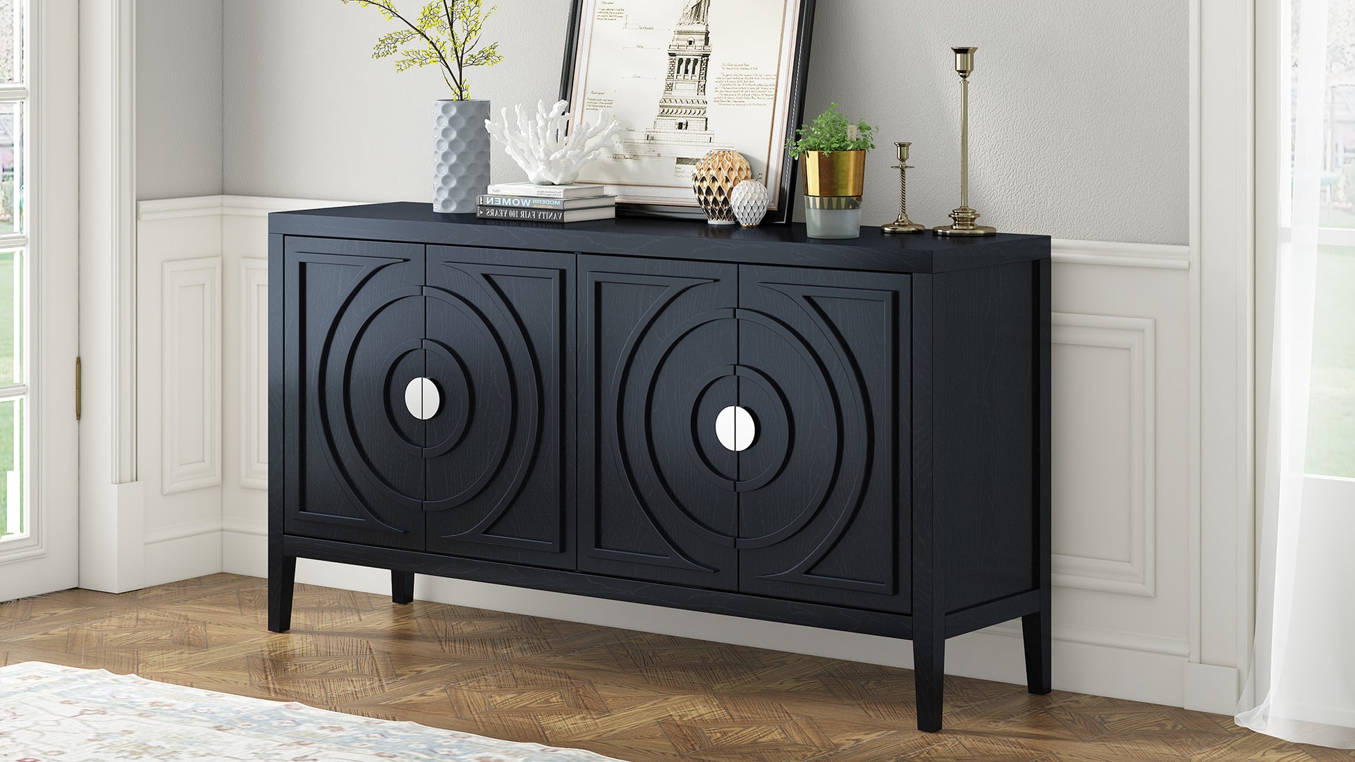 Black Retro Sideboard Cabinet with Round Handle for Kitchen or Living Room Storage