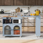 K&K Rolling Kitchen Island With Extended Table, Kitchen Island on Wheels with LED Lights,Power Outlets and 2 Fluted Glass Doors, Kitchen Island with a Storage Compartment and Side 3 Open Shelves, Grey