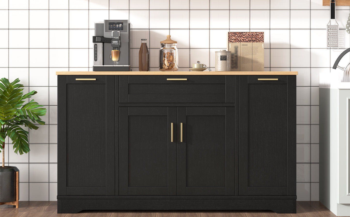 Black Sideboard Storage Cabinet - 53.7" Kitchen Island Buffet