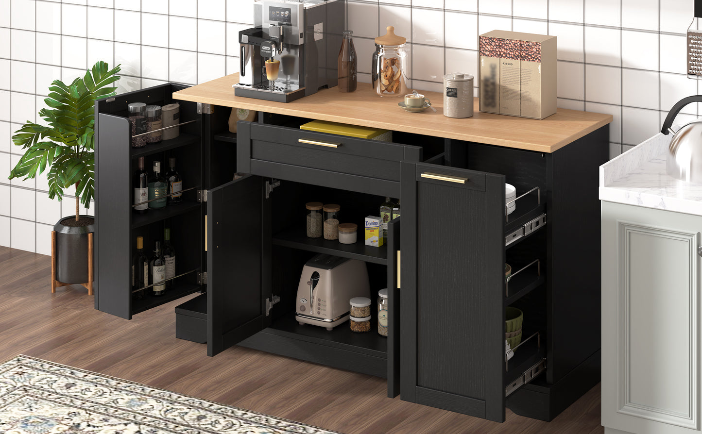 Black Sideboard Storage Cabinet - 53.7" Kitchen Island Buffet