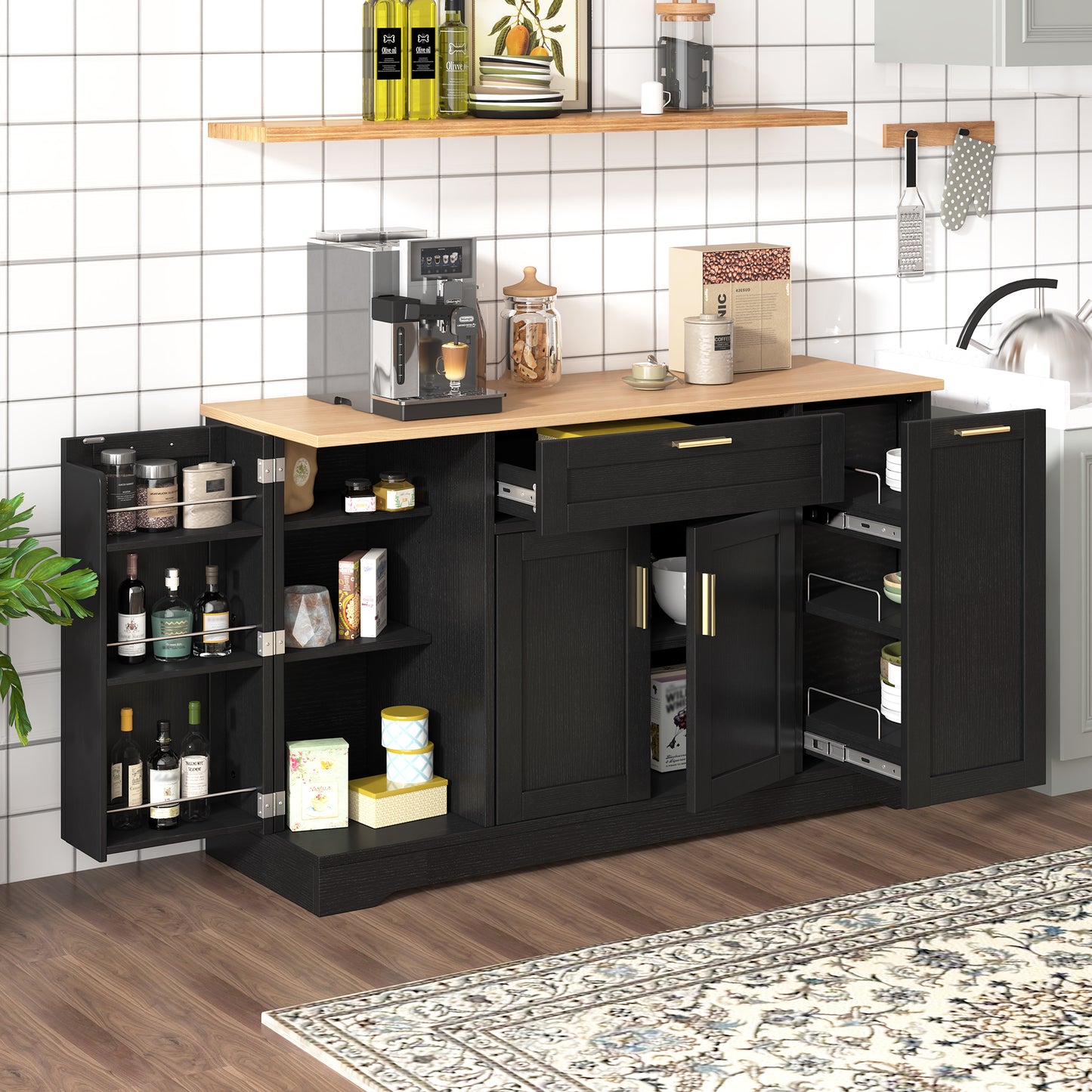 TREXM Multi-Functional Storage Sideboard, Extendable Dining Table, Adjustable Shelves, 3-Tier Pull-Out Rack, Kitchen Island Storage for Kitchen, Dining Room, Living Room (Black)