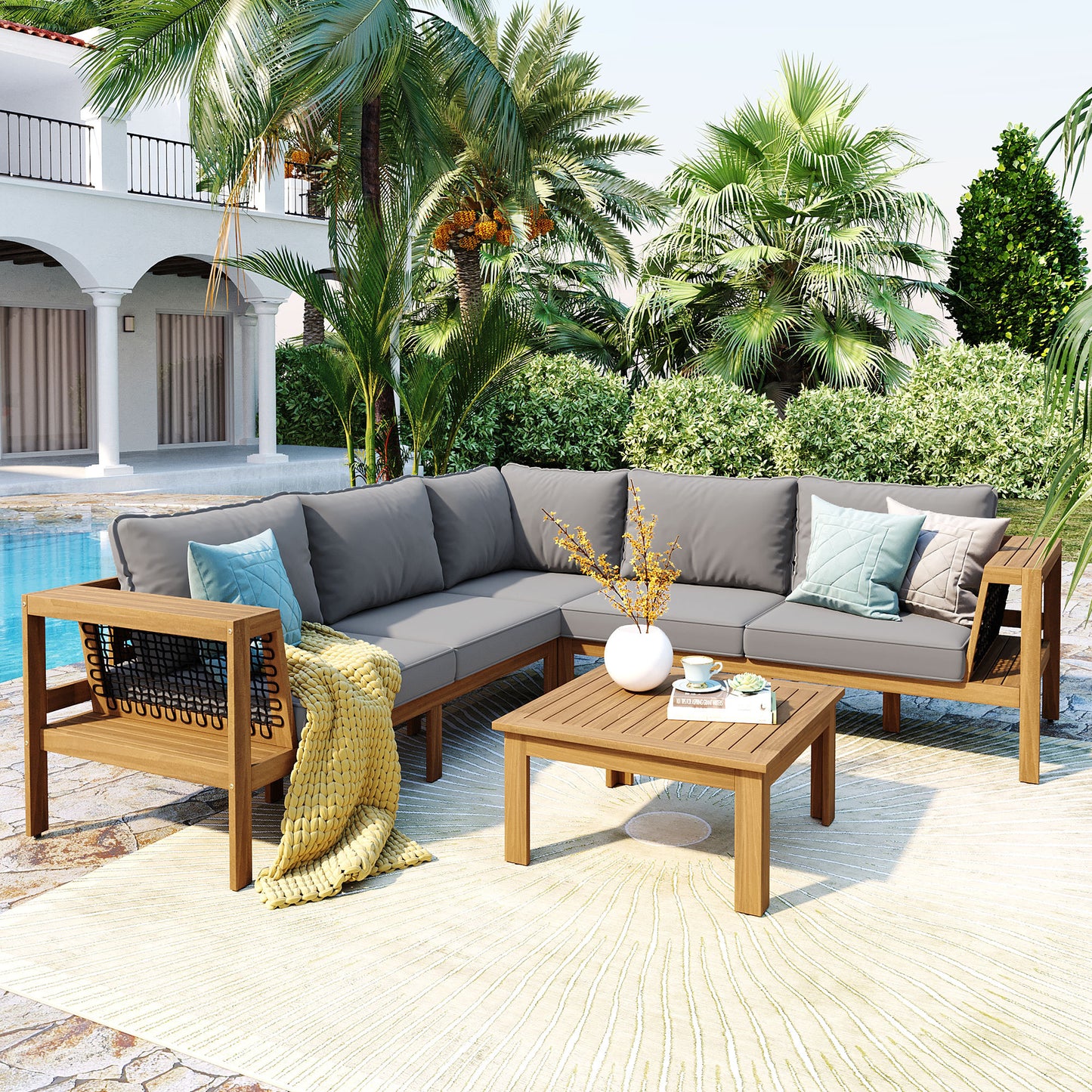 4-Piece Acacia Wood L-Shaped Patio Sofa Set with Coffee Table and Gray Cushions