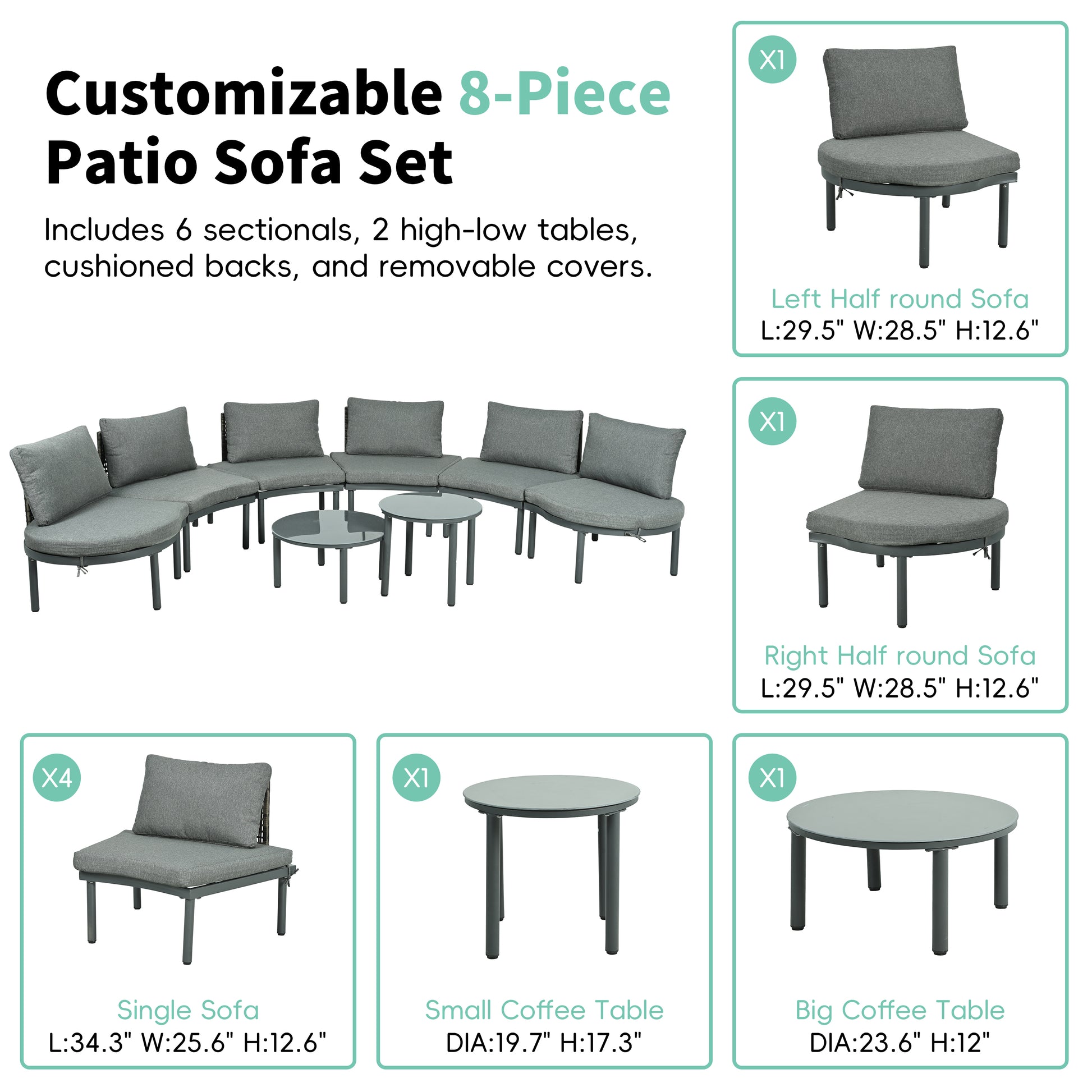 Gray 8-Piece Weather Resistant Patio Sectional Sofa Set for Outdoor
