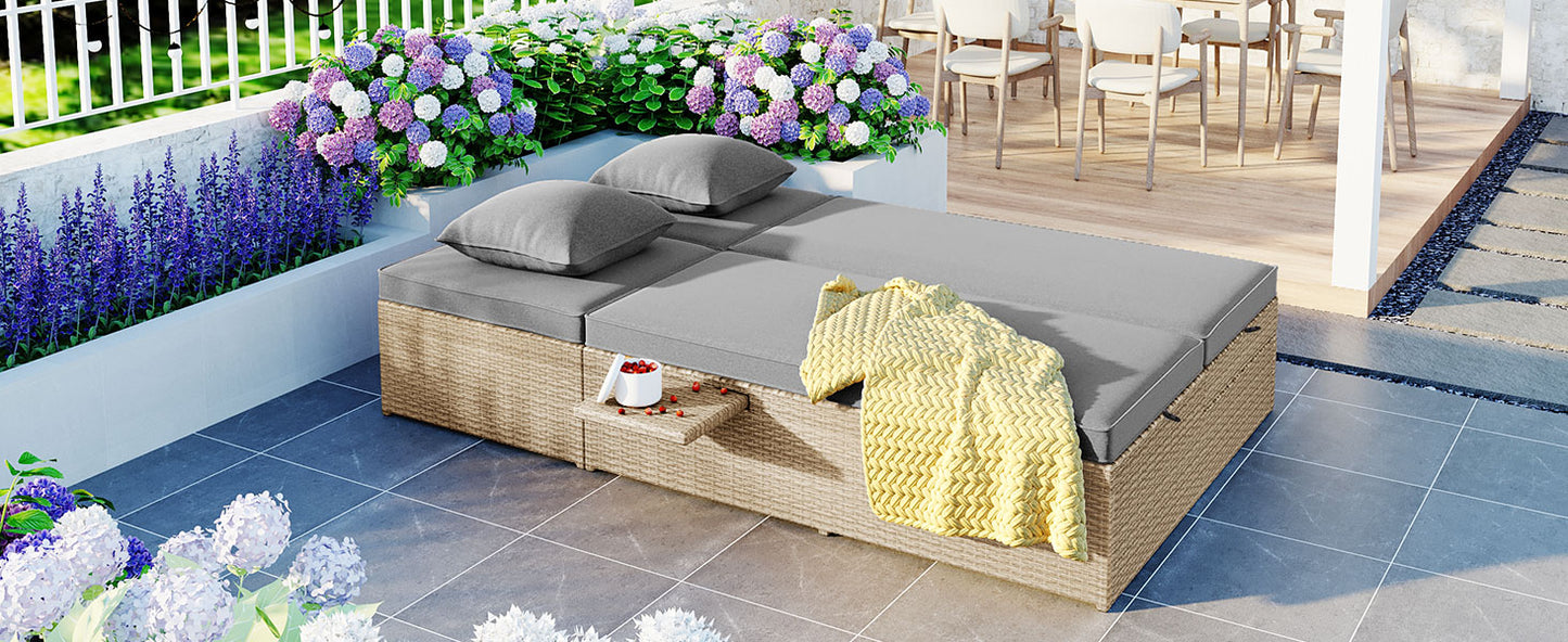 Brown Rattan Patio Recliner Set - 2 Person Outdoor Furniture