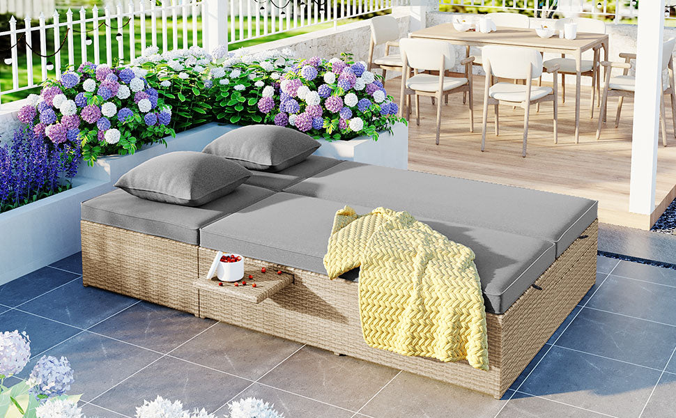 Brown Rattan Patio Recliner Set - 2 Person Outdoor Furniture