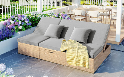 Brown Rattan Patio Recliner Set - 2 Person Outdoor Furniture
