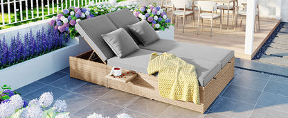 Brown Rattan Patio Recliner Set - 2 Person Outdoor Furniture