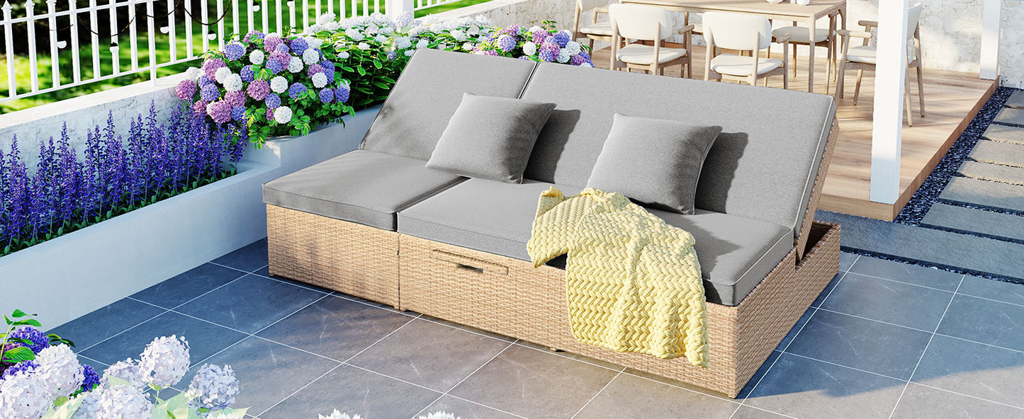 Brown Rattan Patio Recliner Set - 2 Person Outdoor Furniture