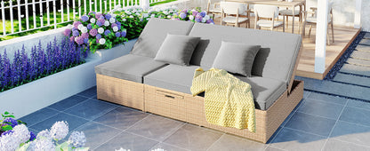 Brown Rattan Patio Recliner Set - 2 Person Outdoor Furniture