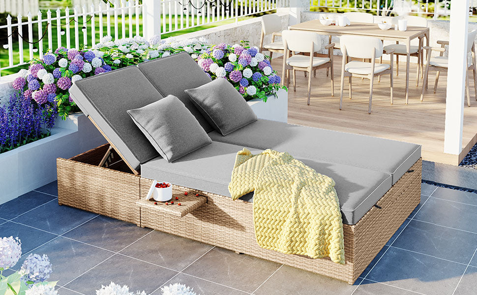Brown Rattan Patio Recliner Set - 2 Person Outdoor Furniture