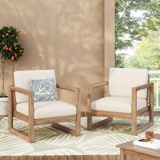 Set of 2 Outdoor Acacia Wood Patio Club Chairs with Beige Cushions, Brown Wash
