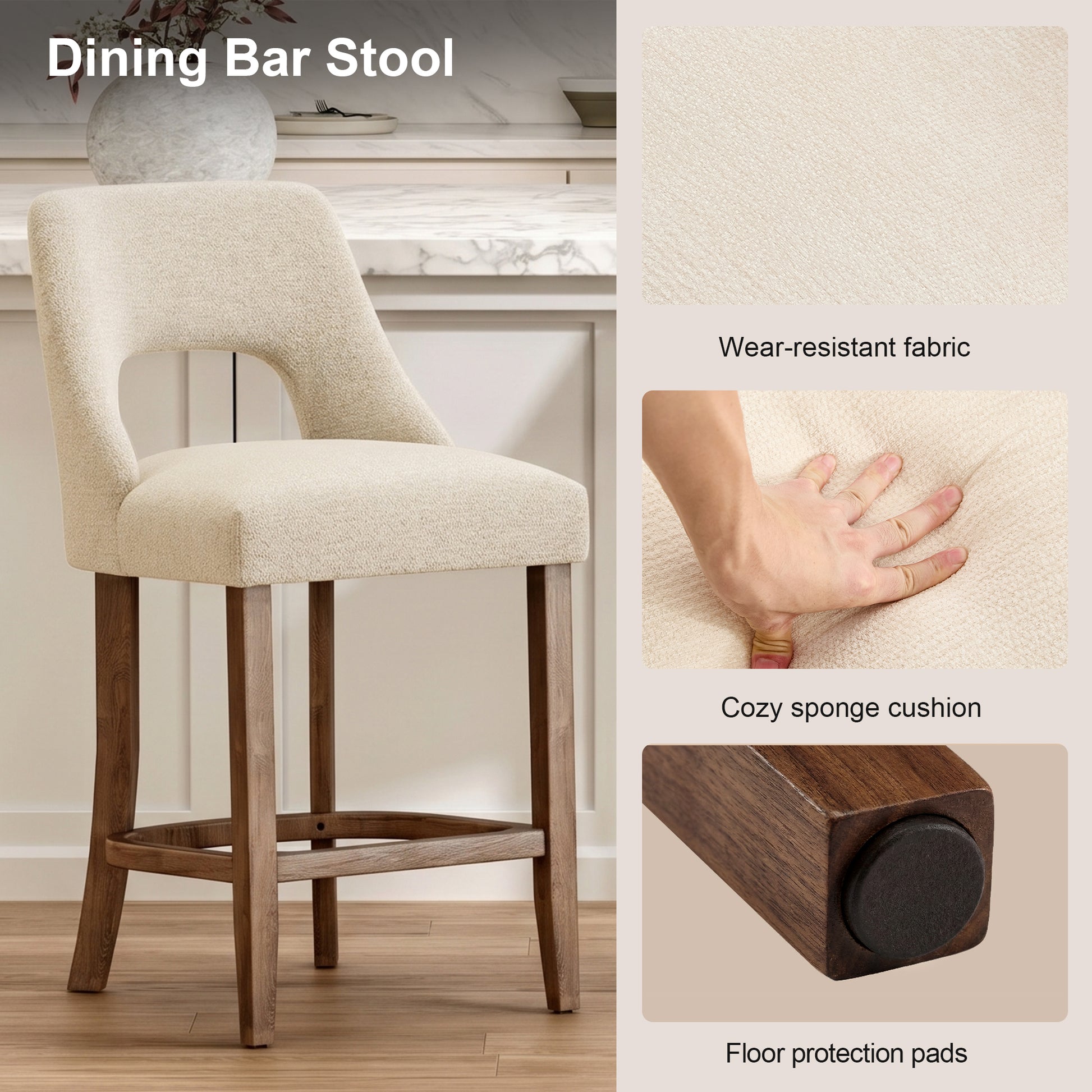 Bar Stools Set of 2, Upholstered Counter Height Bar Stools, Modern Counter Stools with Wood Legs for Kitchen Island Dining Room Bar