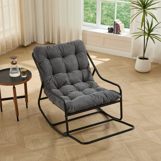 Outdoor Rocking Chair with Thick Gray Cushion and Black Frame for Patio, Porch, or Reading Nook