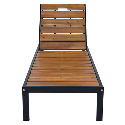 Outdoor Chaise Lounge Chair with Adjustable Backrest, Acacia Wood Slats, and Black Steel Frame for Poolside and Patio