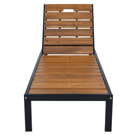 Outdoor Chaise Lounge Chair with Adjustable Backrest, Acacia Wood Slats, and Black Steel Frame for Poolside and Patio