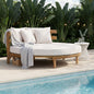 Outdoor Acacia Wood Round Daybed with Curved Backrest, Beige Cushion, and 4 Pillows