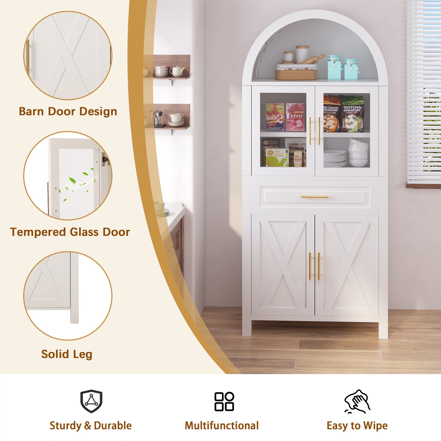 71" White Farmhouse Kitchen Pantry Cabinet with Glass Door - image 10