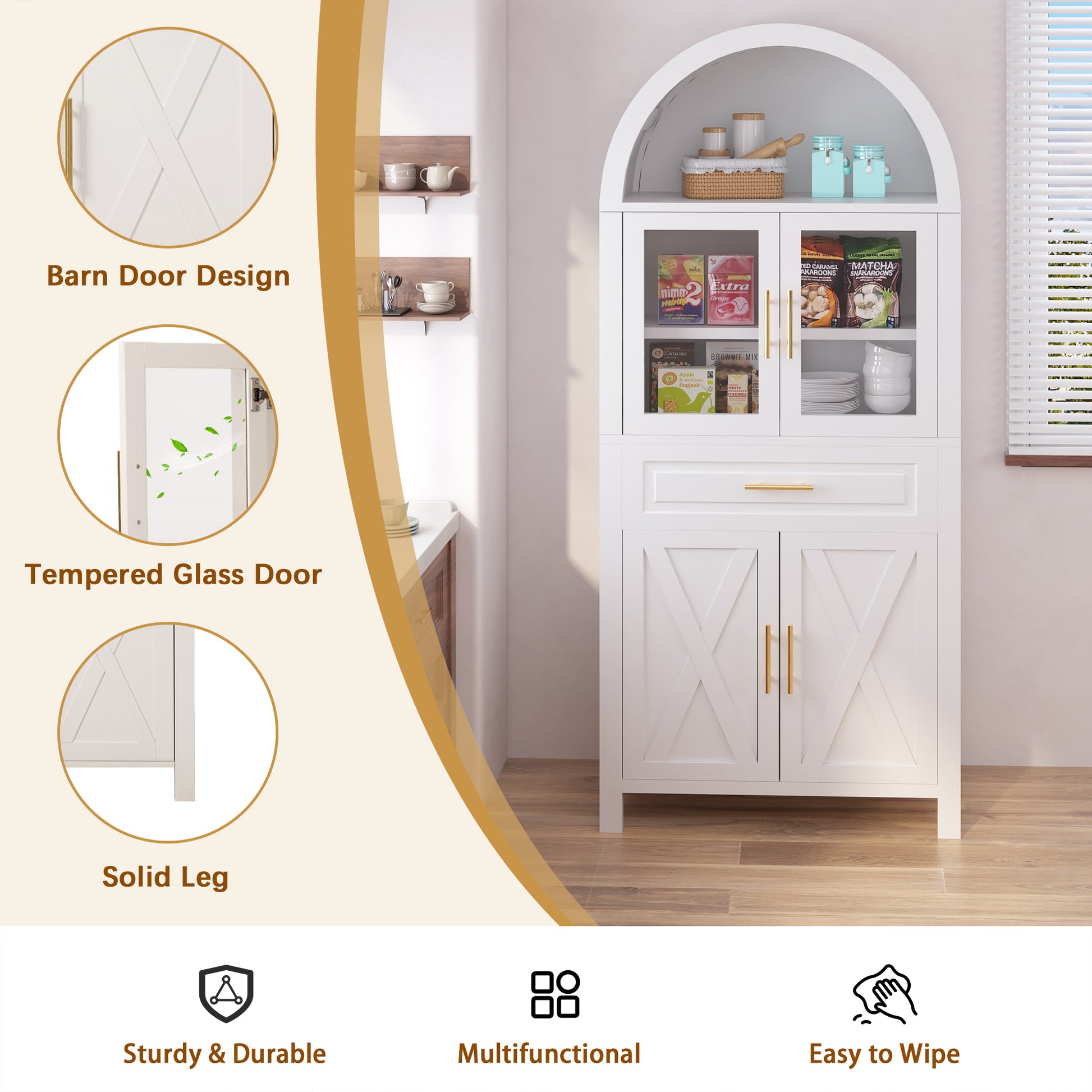 71" White Farmhouse Kitchen Pantry Cabinet with Glass Door - image 10