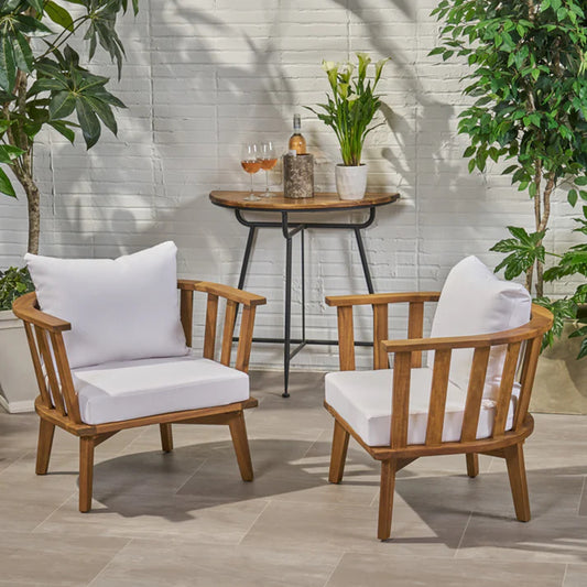 Set of 2 Teak Acacia Wood Outdoor Club Chairs with White Waterproof Cushions, 400 lb Capacity