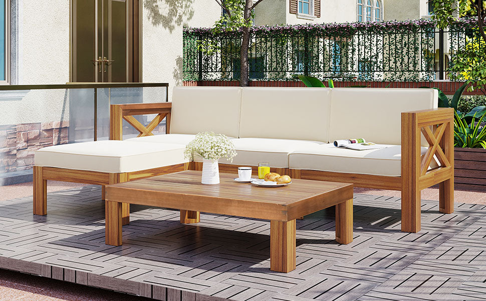 Beige Acacia Wood Sectional Patio Set for Garden & Poolside Seating for Outdoor