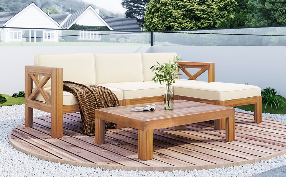 Beige Acacia Wood Sectional Patio Set for Garden & Poolside Seating for Outdoor