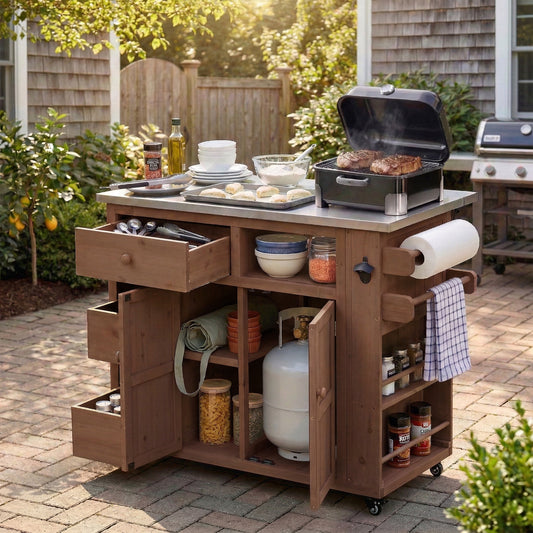 Brown Solid Wood Outdoor Kitchen Island Grill Cart with Stainless Steel Top and Storage Drawers