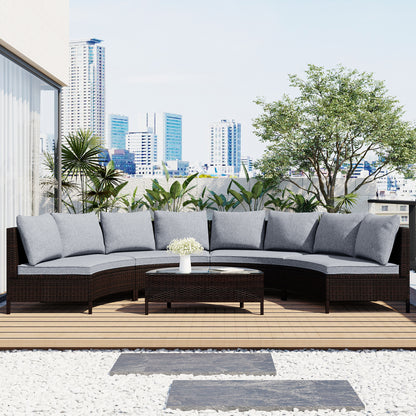 5-Piece All-Weather PE Rattan Half-Moon Patio Sectional Sofa Set with Glass Table, Gray